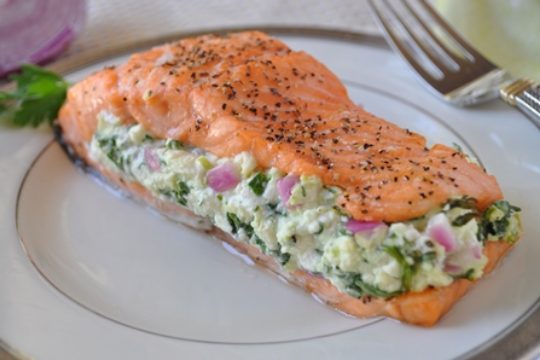 Simple Salmon with Spinach Feta Stuffing